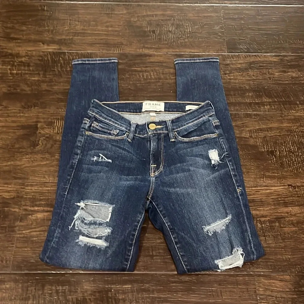 Frame Denim Le Skinny De Jeanne Distressed Medium Wash Jeans Size 25